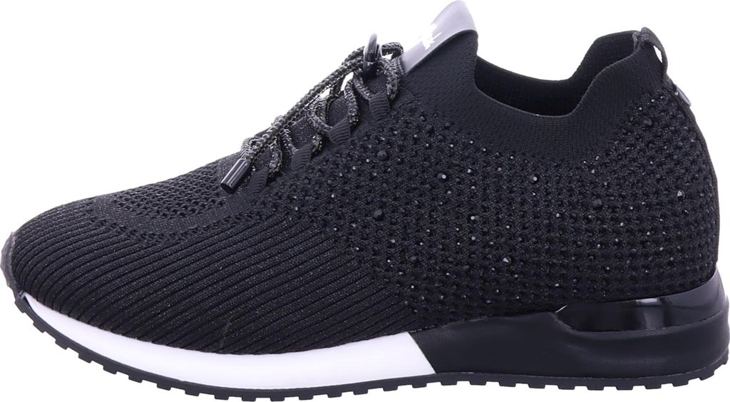 A side view of a black women's sneaker with rhinestones.