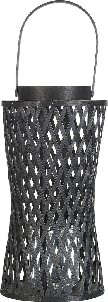 BELIANI Laterne Schwarz Bambusholz 38 cm Rund mit Glaseinsatz Henkel Handgefertigt Geflochten Boho Design Wohnaccessoires Dekoartikel Tischdekoration