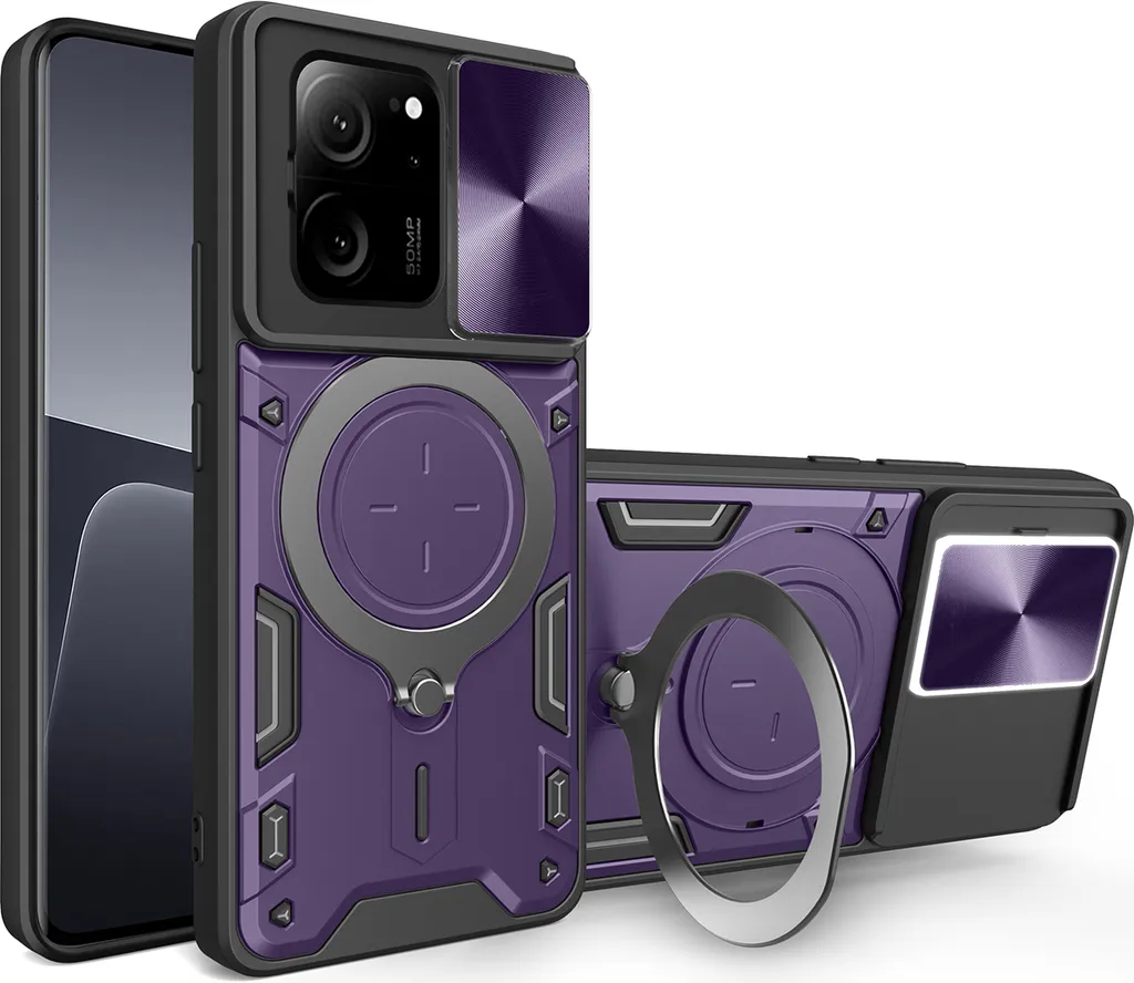 Custodia per Xiaomi 13T /13T Pro /Redmi K60 Custodia ultra resistente a doppio strato con copertura della fotocamera e supporto ad anello Viola