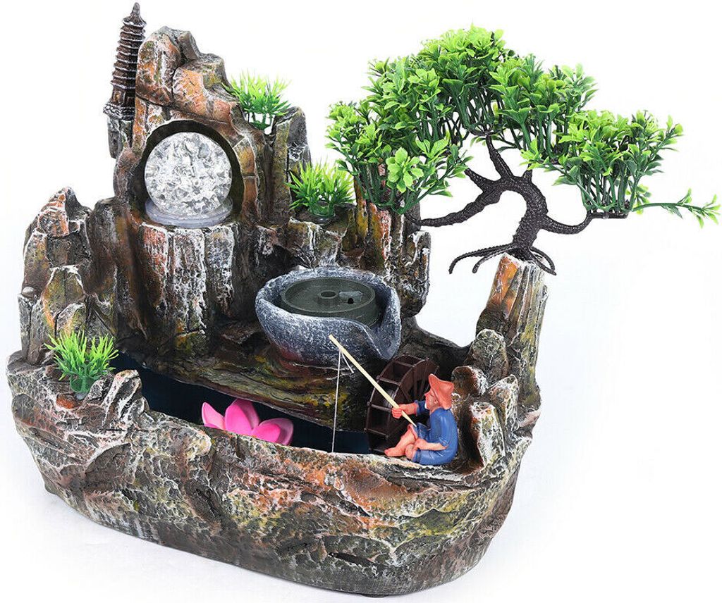 Zimmerbrunnen Feng Shui Brunnen Mit LED Gartenbrunnen Wasserbrunnen Grüne Pflanz Steingarten Zier Nachbildung