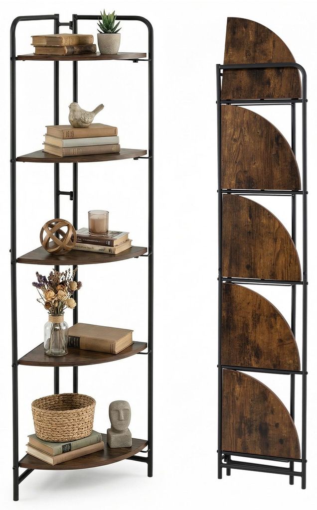 COSTWAY 5 stöckiges Eckregal klappbar, Bücherregal Standregal mit Metallrahmen, Aufbewahrungsregal Industrie, Leiterregal stehend, 34 x 34 x 151 cm