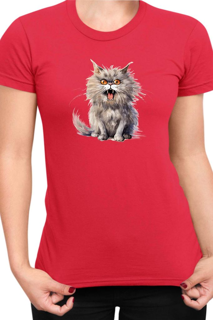 Damen T-Shirt Funny Cats Breeds British Longhair Cat 015, Lady M / Rot