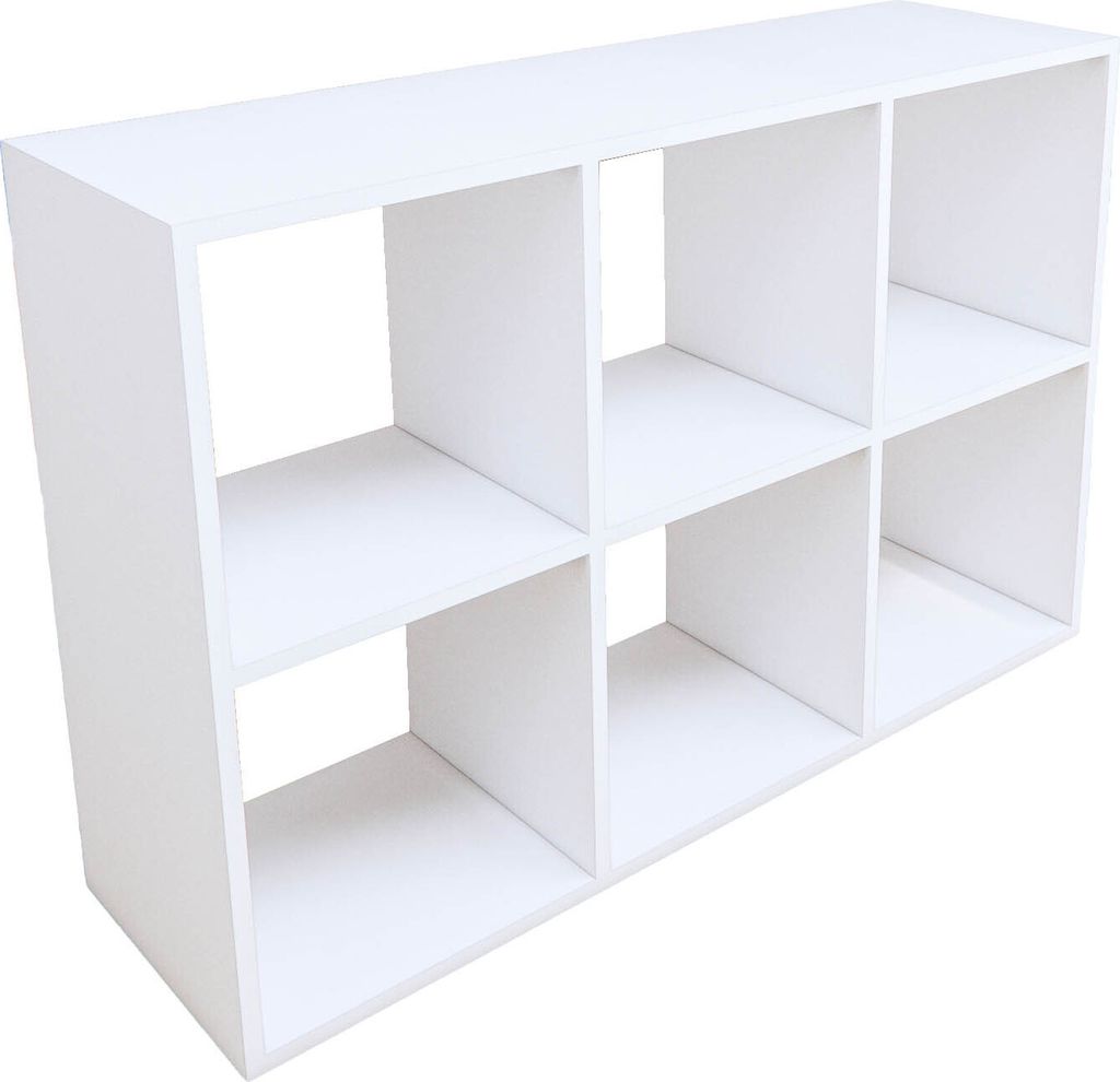 A white cube shelf unit with six compartments, shown from a slightly elevated diagonal angle against a white background.