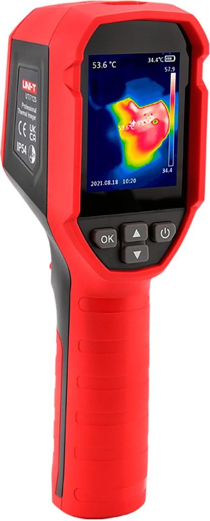 A red and black thermal imaging camera is shown against a white background.