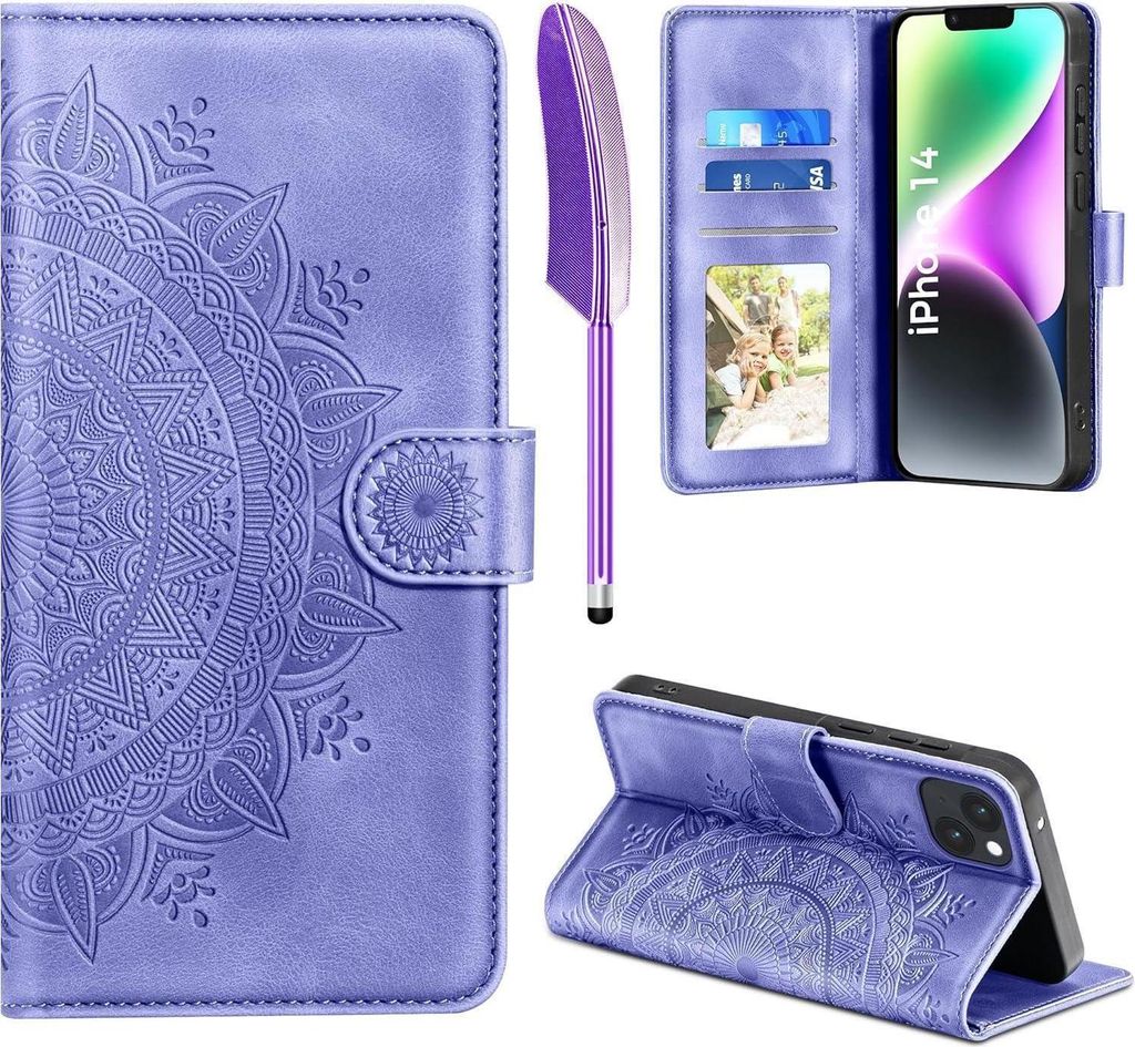 Lila iPhone 14 Wallet Case Flip Handyhülle Kunstleder mit Produktbild 