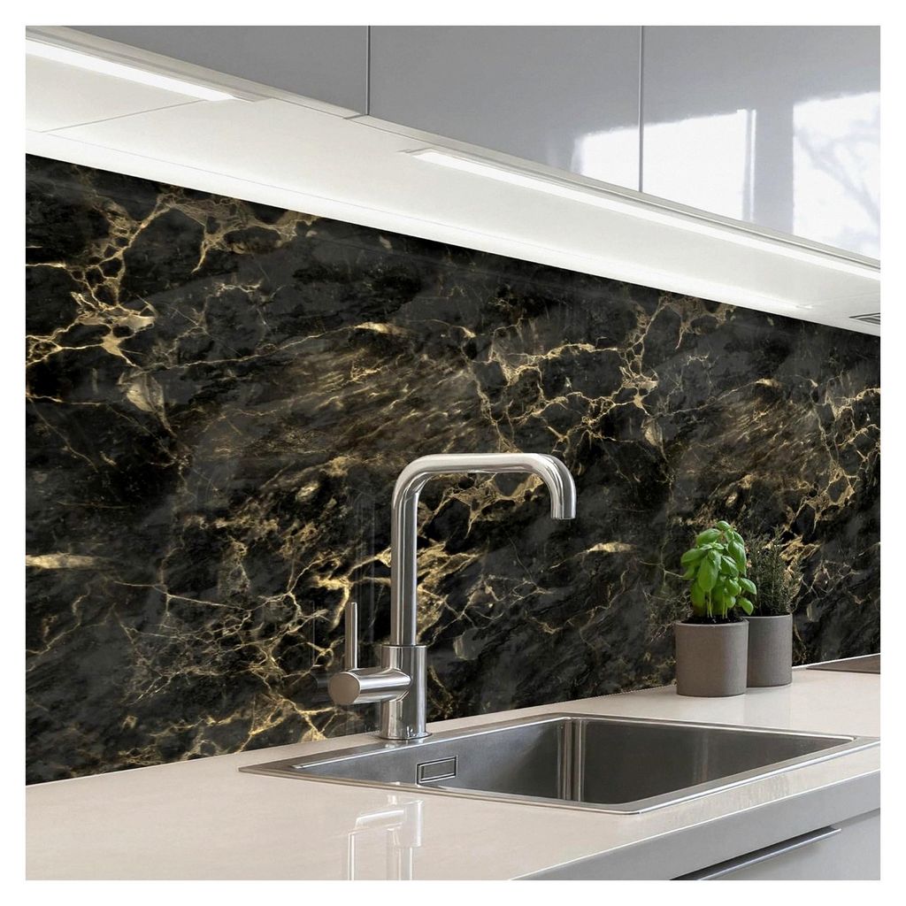 Küchenrückwand 80x200 cm Selbstklebend Spritzschutz Schwarz - Marmor - Gold - Nerf