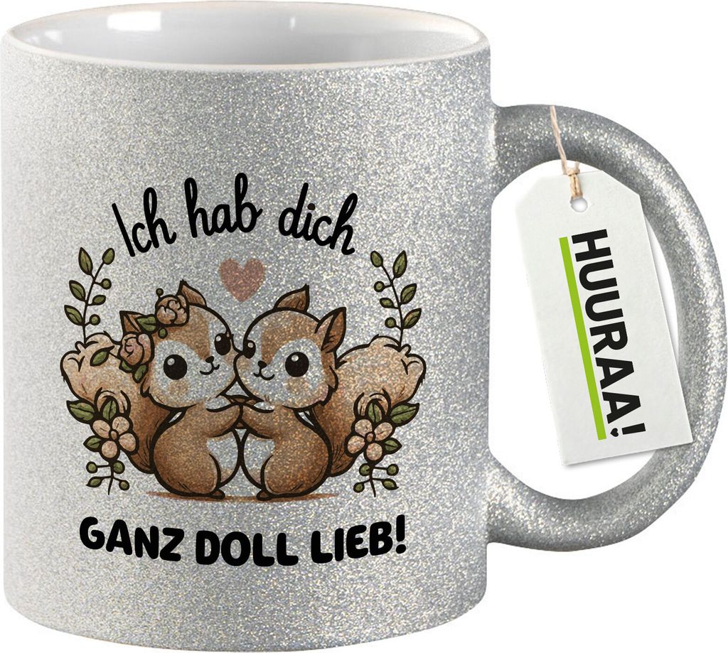 Huuraa Glitzertasse Ich hab dich ganz doll lieb Einchhörnchen 330ml Silber Keramik Kaffeebecher Geschenkidee