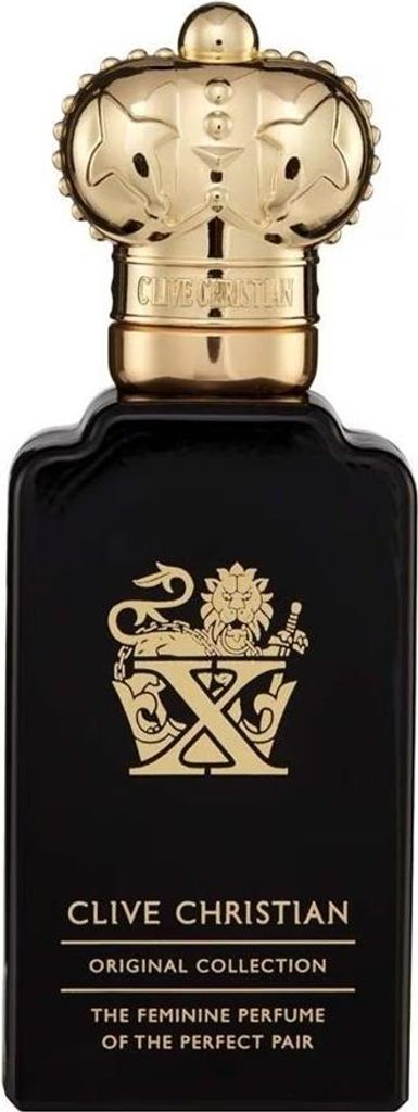 A black perfume bottle with a gold crown-shaped cap and gold lettering and emblem.
