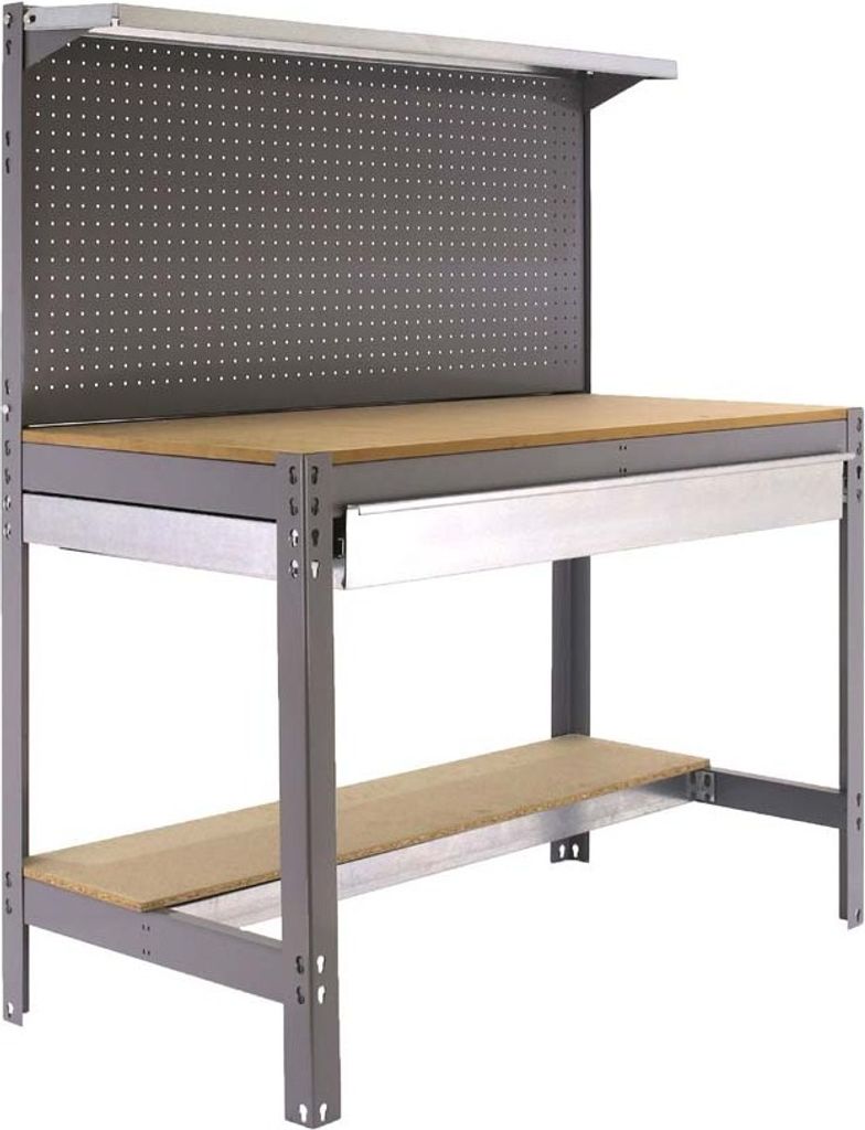 PROREGAL Werkbank BUFFALO mit Werkzeugwand, Schubfach und Ablage | HxBxT 84x120x61cm | Traglast 600kg | Grau