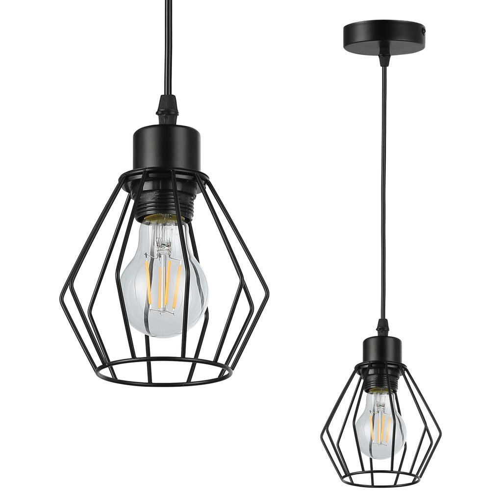 Two black pendant lights with diamond-shaped cages and Edison-style bulbs, displayed against a white background.