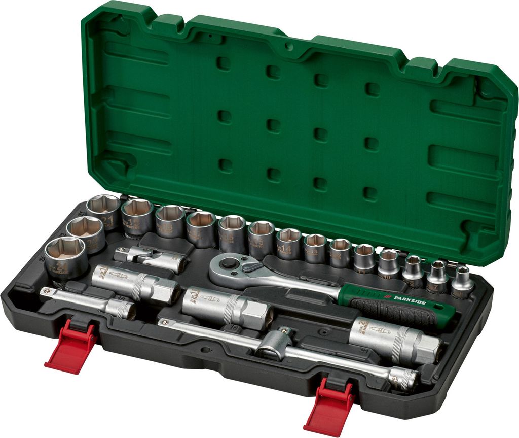 A tool kit is laid out in its open case.