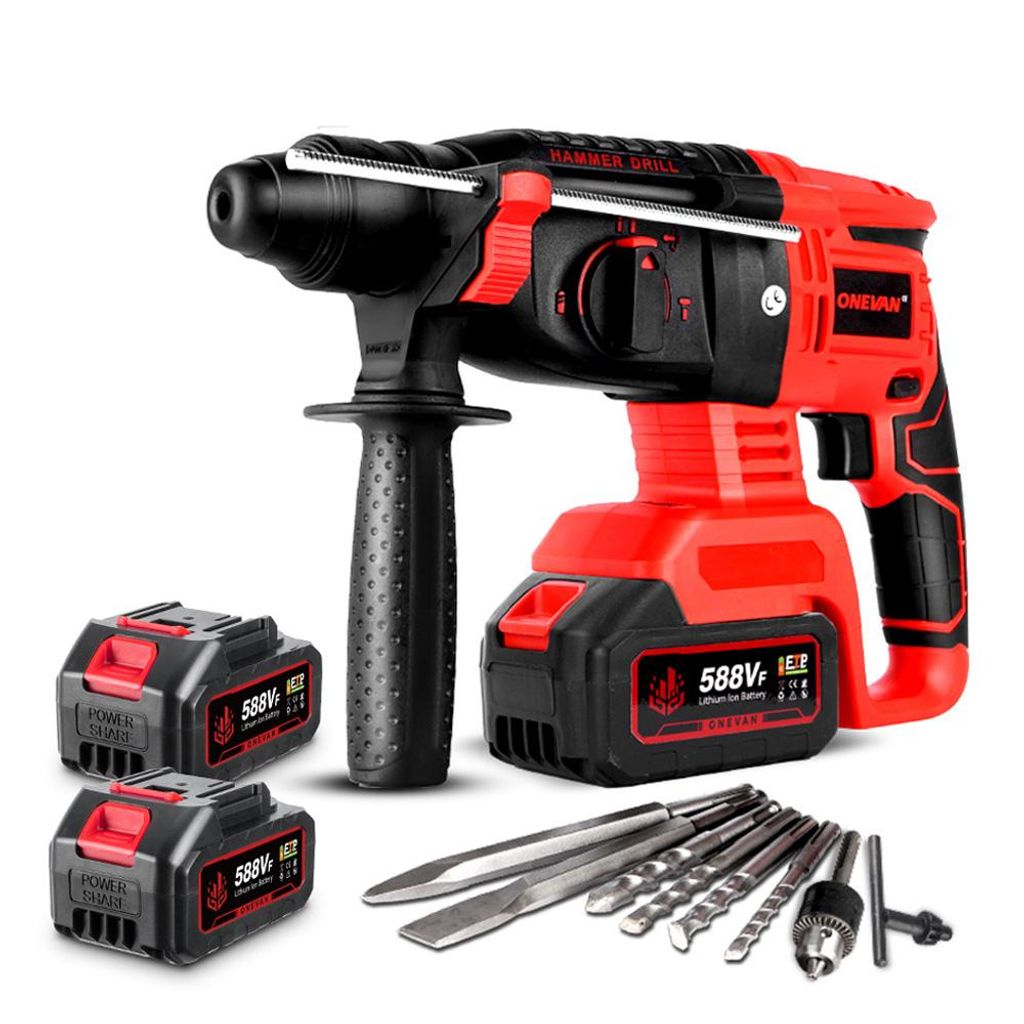 Akku-Bohrhammer Bürstenloser Schlagbohrmaschine 4-in-1 Akku Bohrhammer mit 2xAkku, 360°-Drehgriff und Bits Sert, für Beton, Mauerwerk, Wände