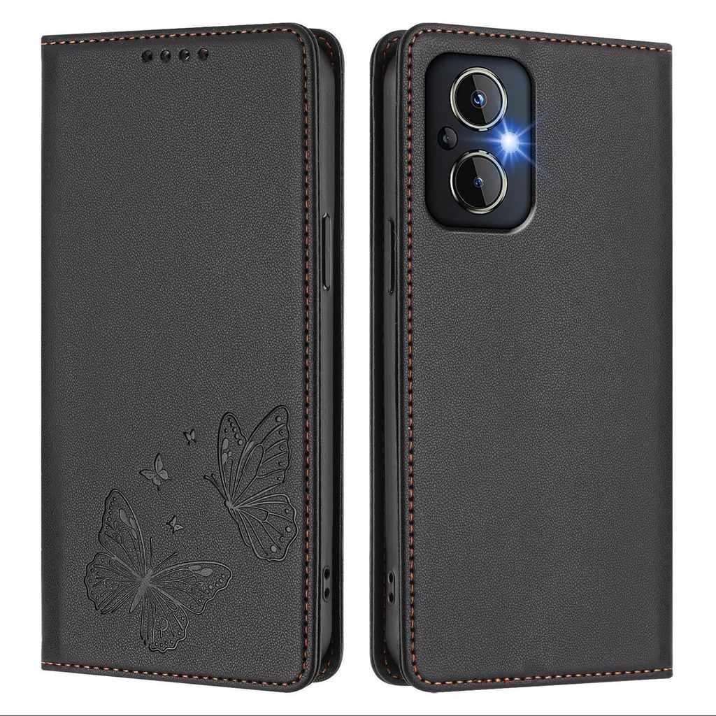 Lederhülle für OnePlus Nord N20 5G, Schmetterling Prägung Leder Brieftasche Schutzhülle mit Ständer Schwarz