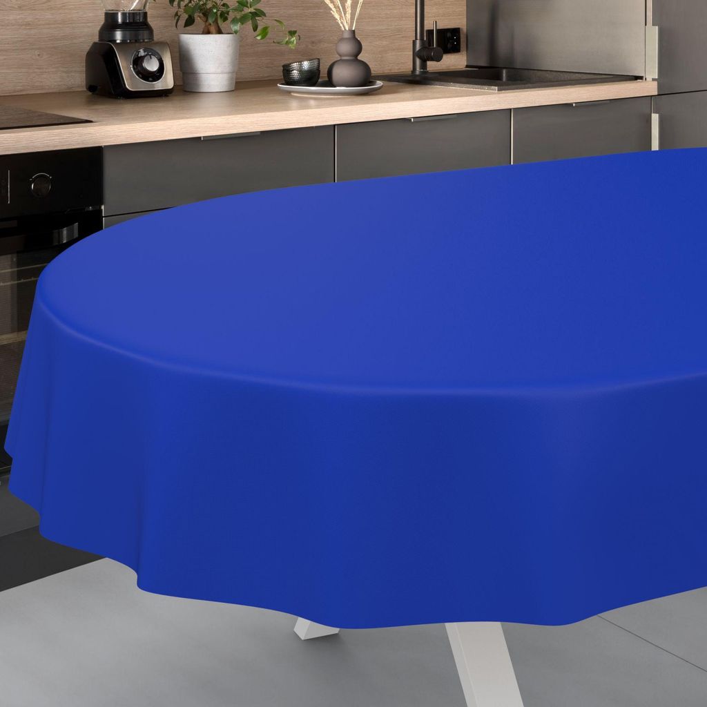Tischdecke Textil-Optik UNI Blau Oval 240x140cm Schnittkante Wachstuch abwaschbar