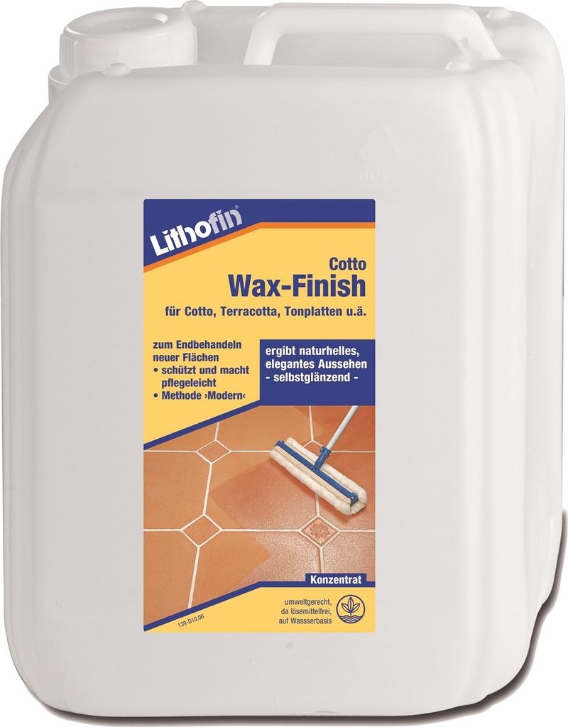 A white plastic container with a label for Lithofin Cotto Wax-Finish.