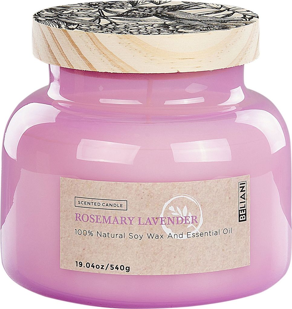 BELIANI Duftkerze Rosa Sojawachs und Ätherisches Öl mit Baumwolldocht im Glas mit Deckel Vogelmotiv Duftnote: Rosmarin und Lavendel Geschenkidee