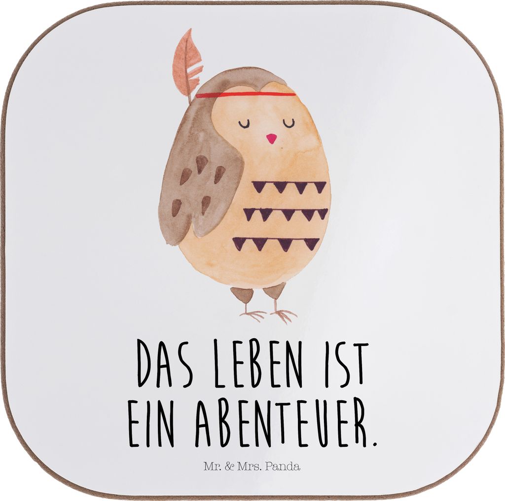 Mr. & Mrs. Panda Untersetzer für Gläser Eule Federschmuck - Weiß - Geschenk, Entspannt, Getränkeuntersetzer, gläseruntersetzer, Waldtiere, Owl...