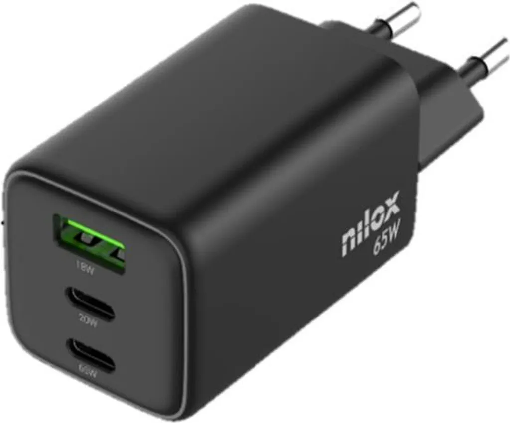 Alimentatore USB-C Nilox 65W GaN: Design Nero e Tripla Ricarica Rapida