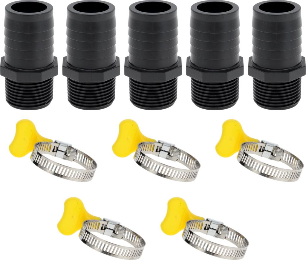 Kunststoff-Schlauchstutzen 1,3" 1/2"BSPT Männliches Gewinde Gerader Rohrverbinder mit 5 Schellen 5 Stück