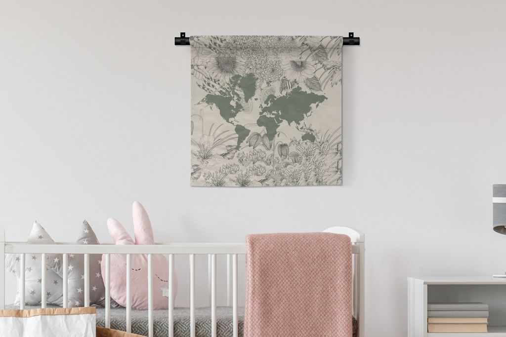 MuchoWow Wandteppich Wandbehang Weltkarte - Grau - Pflanzen 60x60 cm Tapisserie Dekoration Wandtuch - Dekorationen - Wand Decke