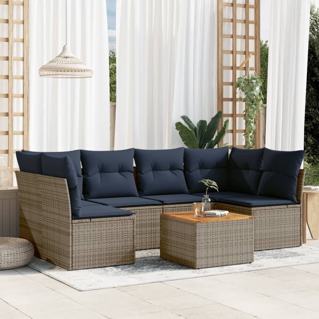 7-tlg. Garten-Sofagarnitur mit Kissen Grau Poly Rattan, Gartenmöbel-Sets DesignMöbel