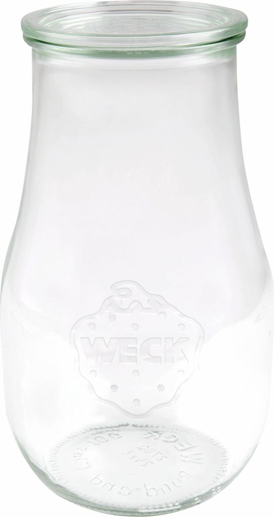 A clear glass jar with a wide mouth and a subtle embossed logo.