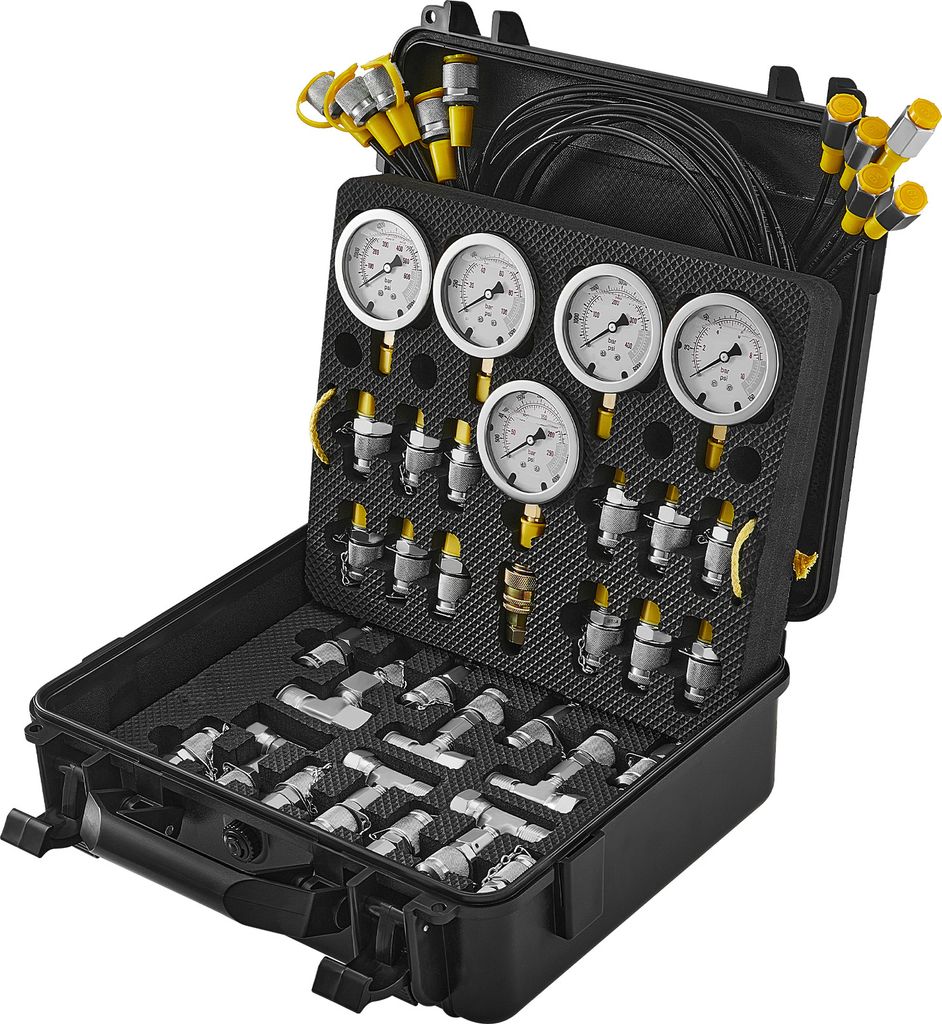 SucceBuy Hydraulikdruck-Testset, 10/100/250/400/600 bar, 5 Messgeräte, 13 Kupplungen, 14 T-Stücke, 5 Prüfschläuche, Bagger-Messgerätesatz mit ...