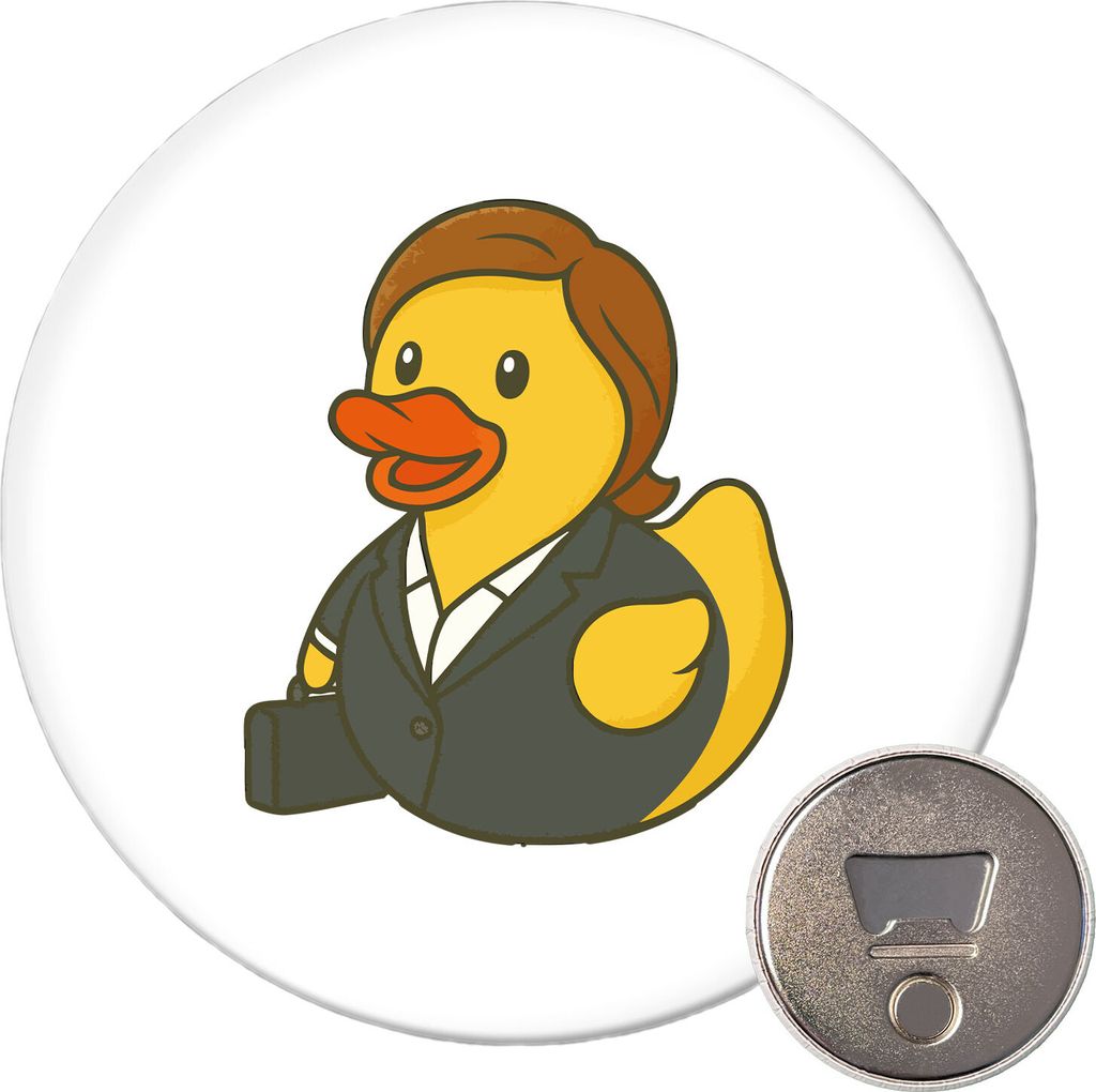 Huuraa Magnet Quietscheente Chefin Comic Gummiente 59mm Kühlschrankmagnet rund Flaschenöffner Geschenkidee
