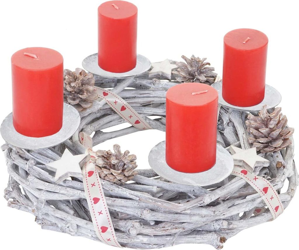 Tischkranz rund, Weihnachtsdeko Adventskranz, Holz Ø 30cm weiß-grau mit Kerzen, rot