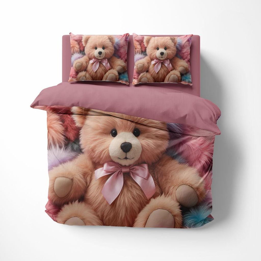 FEBE 3D Bettwäsche Teddybär Bettbezug-Set 135x200 + Kissenbezug 80x80 cm Wendebettwäsche 2 Teilig mit Reißvesch