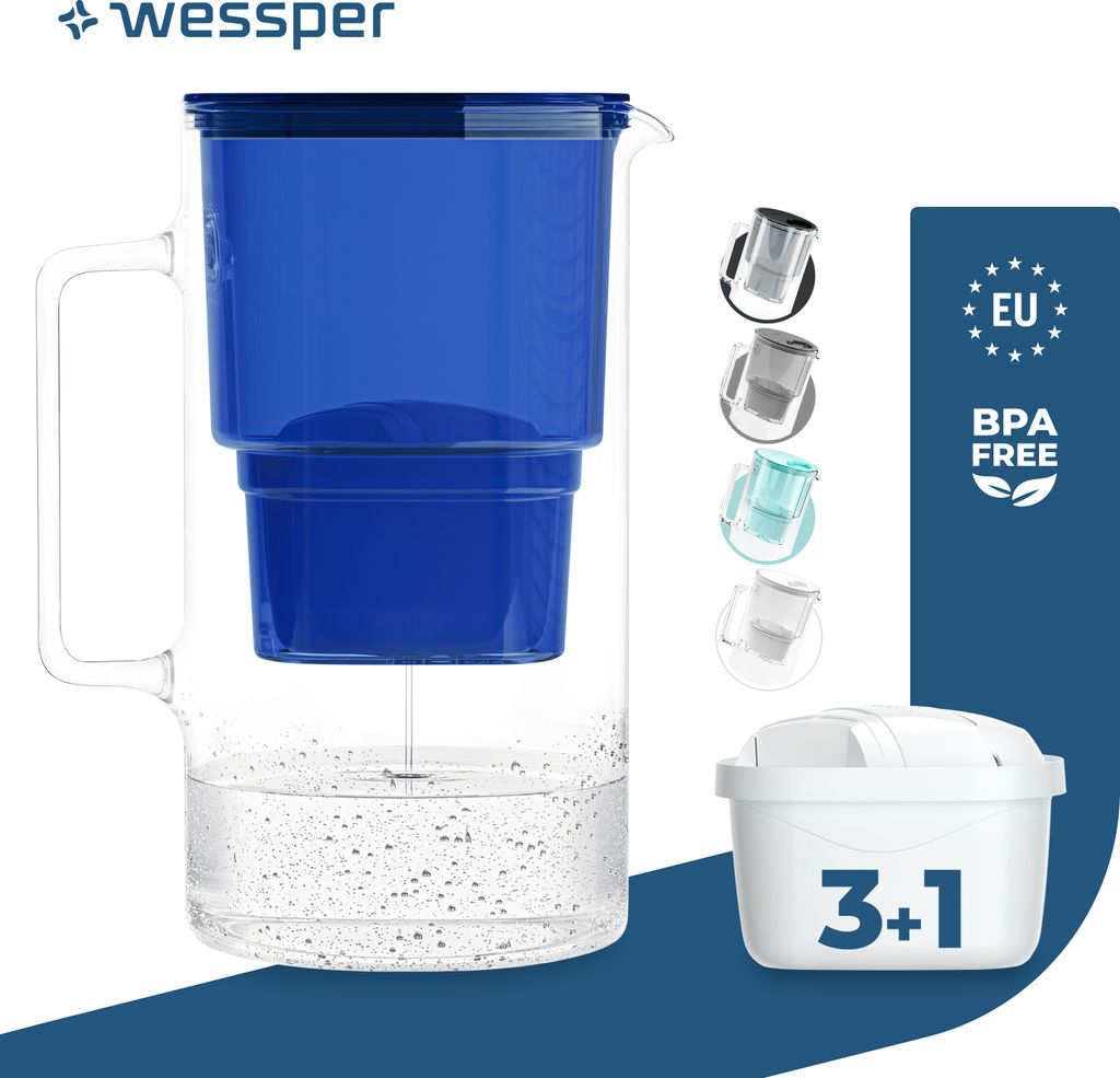 Wessper Wasserfilterkanne aus Glas 3 L Kompatibel mit Brita-Wasserfilterkartuschen, Inklusive 4 Wasserfilter-Kartusche, Blau