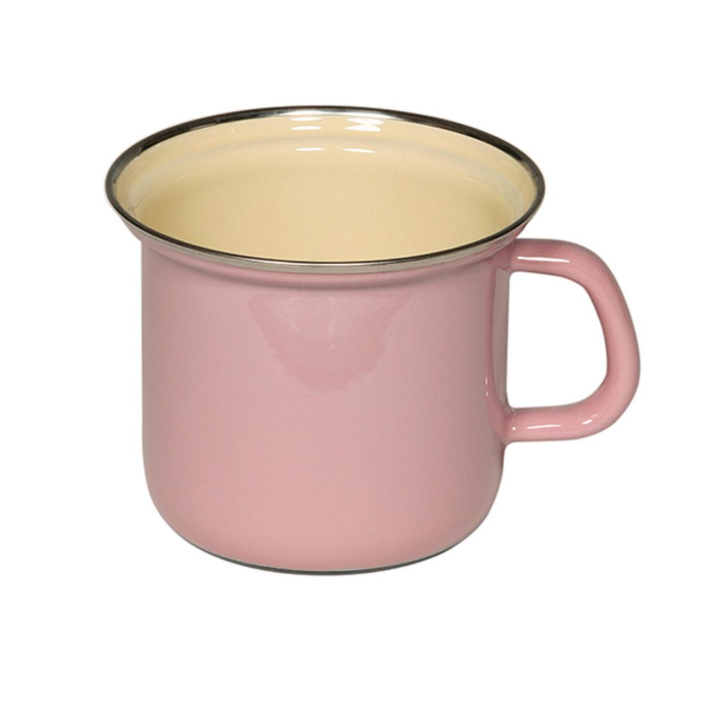 A pink enamel mug with a silver rim and cream interior, shown against a white background.