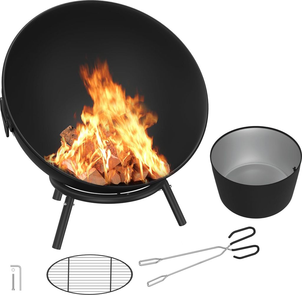 JOIEYOU Feuerschale 62cm Feuerstelle Feuerschalen für den Garten mit Gitter und Kohleklemme Metall Pit für Grillabend Gartefeuer BBQ Camping