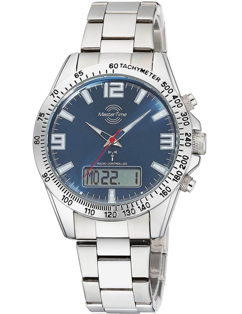 A close-up studio shot of a men's wristwatch with a blue dial and silver metal band.