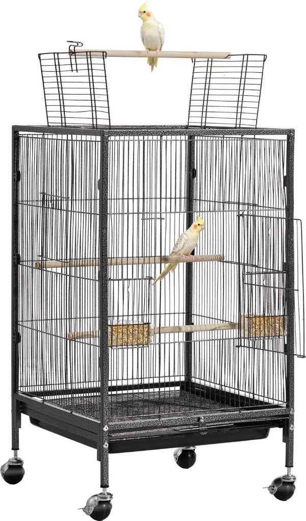 Vogelkäfig - Vogelvoliere 46 x 46 x 77 cm - Öffnbares Dach - Schmiedeeisen - Mit Sitzstangen & Futternäpfen (Kunststoff) - Mit Rollen - Für Pap...