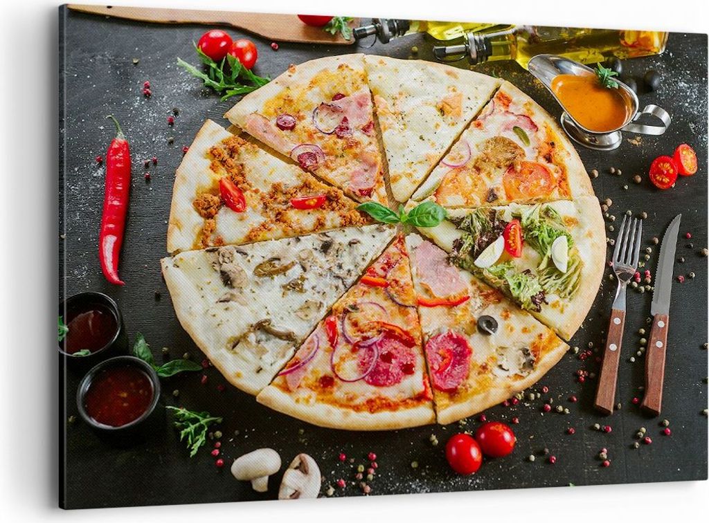 Bild auf Leinwand - Leinwandbild - Pizza Käse Tomaten - 100x70cm - Wand Bild - Wanddeko - Leinwanddruck - Bilder - Kunstdruck - Wanddekoration - L...