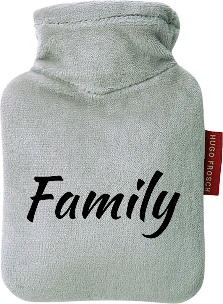 Huuraa Mini-Wärmflasche Family Schriftzug 0,2 Liter Grey Mini Veloursbezug Taschenwärmer Geschenkidee