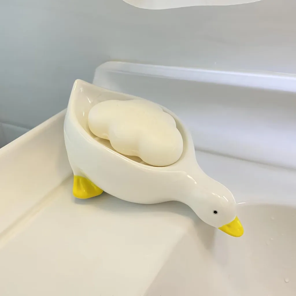 Porte-savon céramique antidérapant motif canard pour comptoir de cuisine