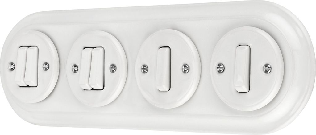 Unterputz Porzellan Retro Schalter, Doppelschalter, 4-fach, All-in-One, SET Serie PR1 weiß