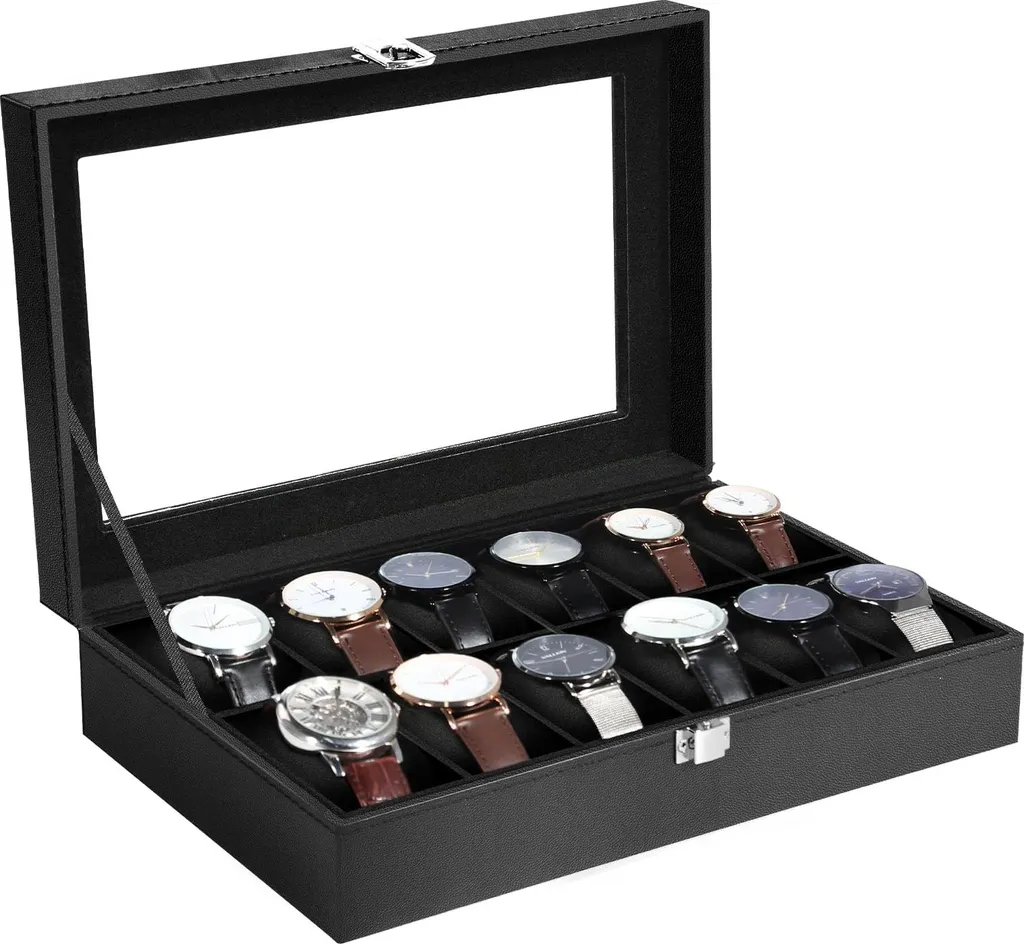 Coffret montres luxe 12 slots, velours noir et finitions métalliques