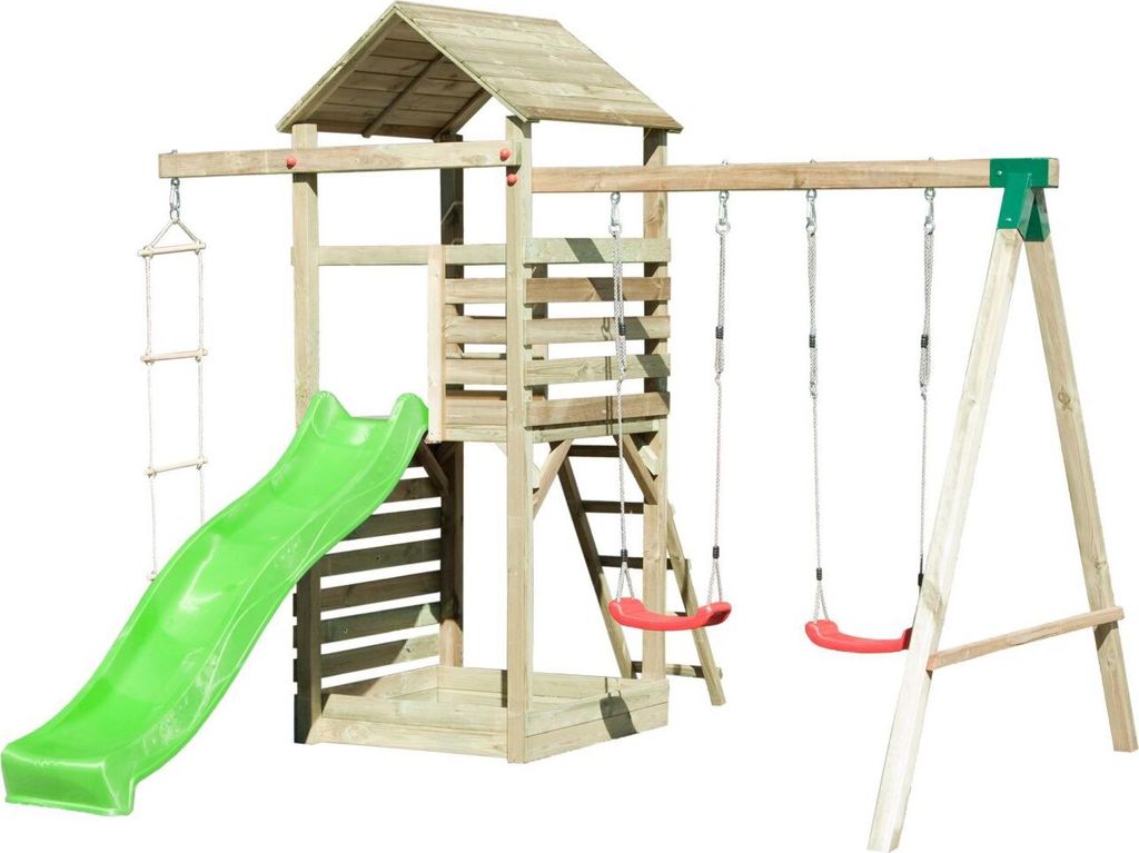 Spielturm 15 inkl. Wellenrutsche, Kletterwand, Doppelschaukel-Anbau und Strickleiter - Abmessungen: 350 x 345 cm