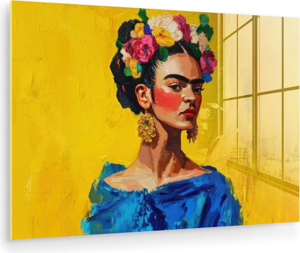 MuchoWow Glasbilder - Bilder auf Wandbild - Foto auf Glas Frida Kahlo - Frau - Gelb - Blau - Blumen 30x20 cm Wanddekoration aus Glas - Acrylglasbil...
