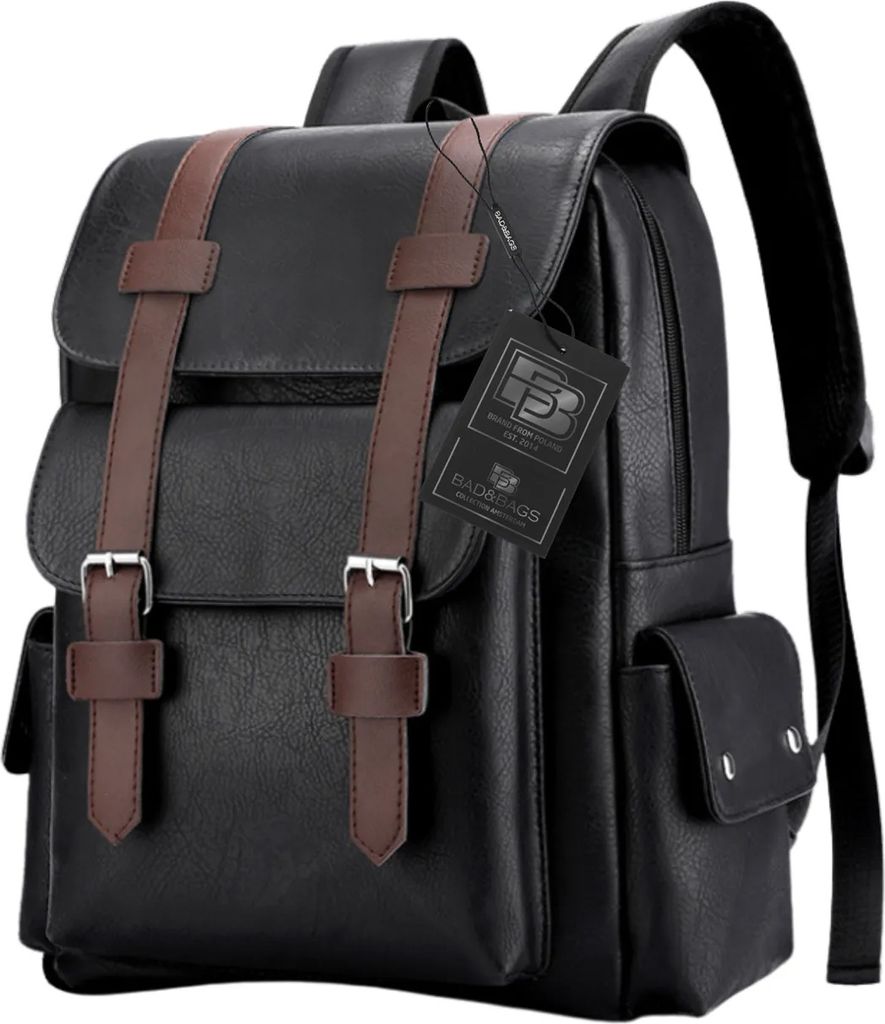 A black rucksack with brown straps and buckles, shown from the front.