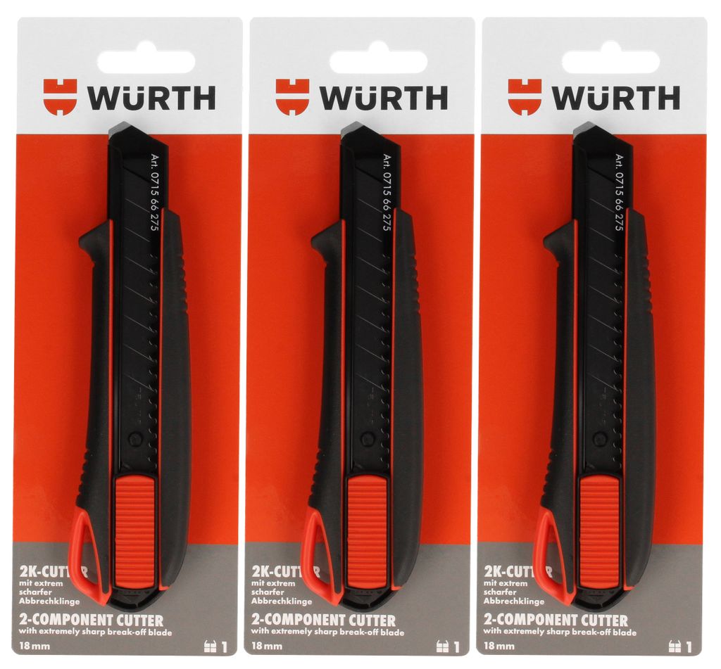 Würth Cuttermesser 3x 2K Griff mit Schieber 18mm inkl. 3 Abbrechklingen, Art.-Nr. 071566 275 (3)