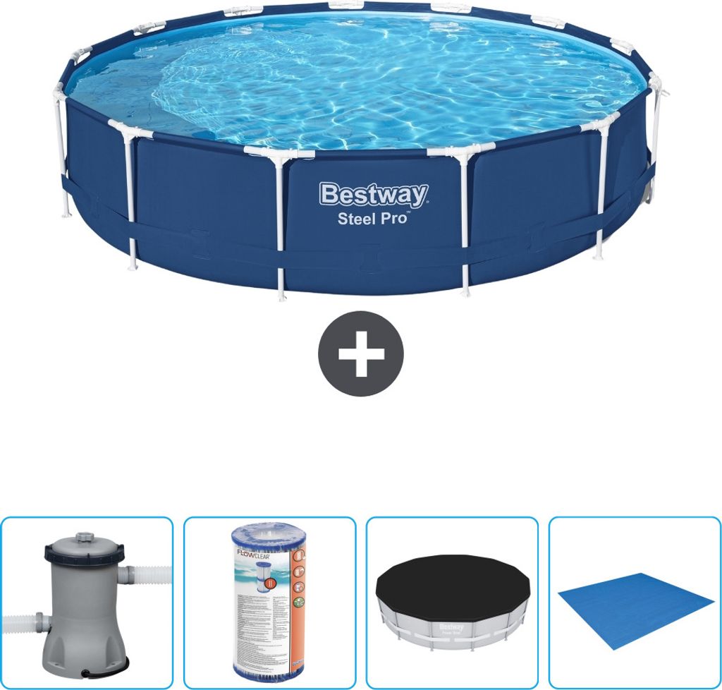 Bestway Round Steel Pro Swimmingpool – 396 x 84 cm – Blau – inklusive Pumpe Filter - Abdeckung - Bodenplane