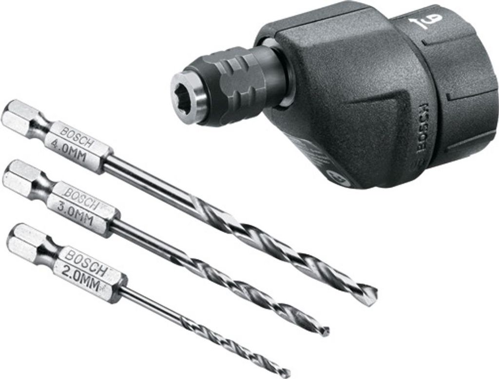A Bosch drill attachment and three drill bits are shown against a white background.