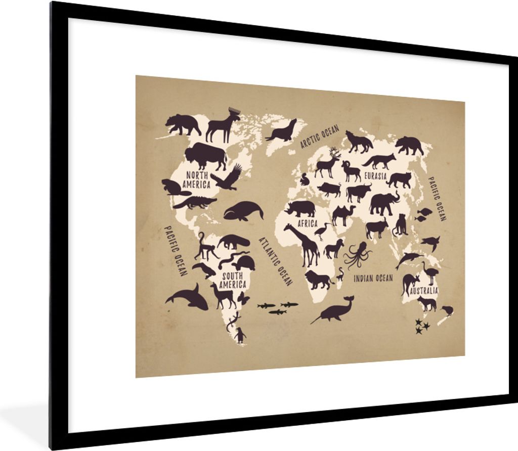 MuchoWow Gerahmtes Poster Weltkarte - Tiere - Braun 80x60 cm - Poster mit Schwarzem Bilderrahmen Wandposter Rahmen Foto Bilder - Schlafzimmer-Dek...