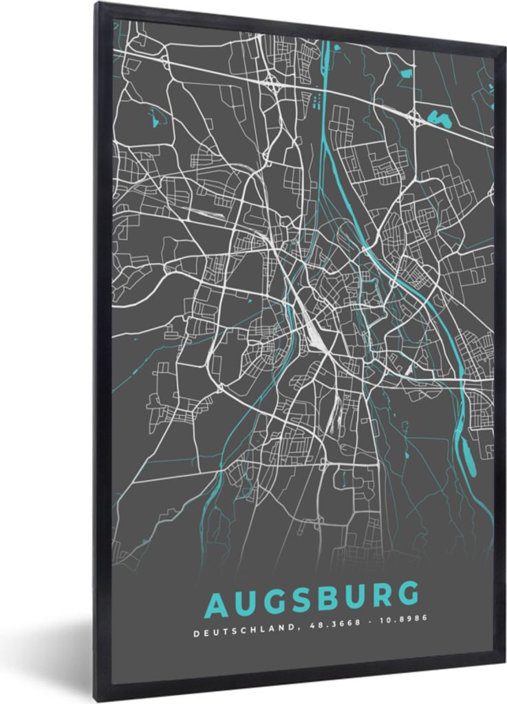 MuchoWow Gerahmtes Poster Stadtplan - Karte - Augsburg - Blau - Deutschland - Karte 20x30 cm - Poster mit Schwarzem Bilderrahmen Wandposter Rahme...