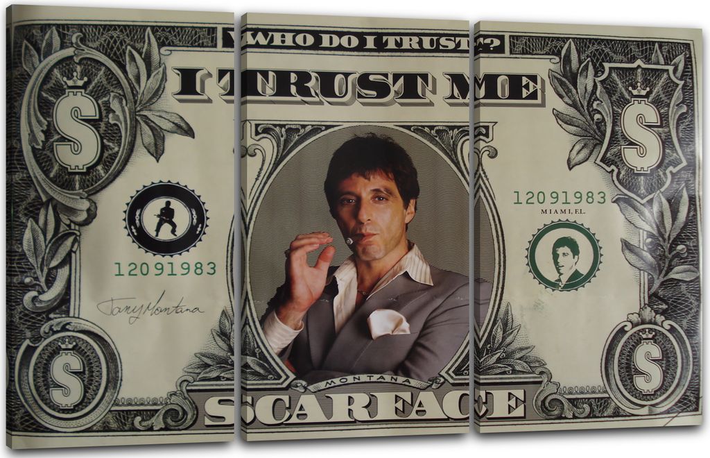 Leinwandbild 3-teilig (120x80cm): Filmplakat Filmmotiv Scarface Tony Montana auf Dollar-Note, echter Holz-Keilrahmen inkl. Aufhänger, handgefertig...