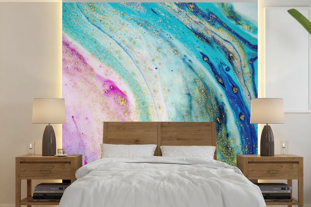 MuchoWow Fototapete für Wohnzimmer oder Schlafzimmer Wandtapete Vinyl Motivtapete Marmor - Farbe - Regenbogen - 350x350 cm - Schlafzimmertapete